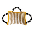 Jute dog tug toy with three rope handles and a central bite pillow, shown in assorted colours.