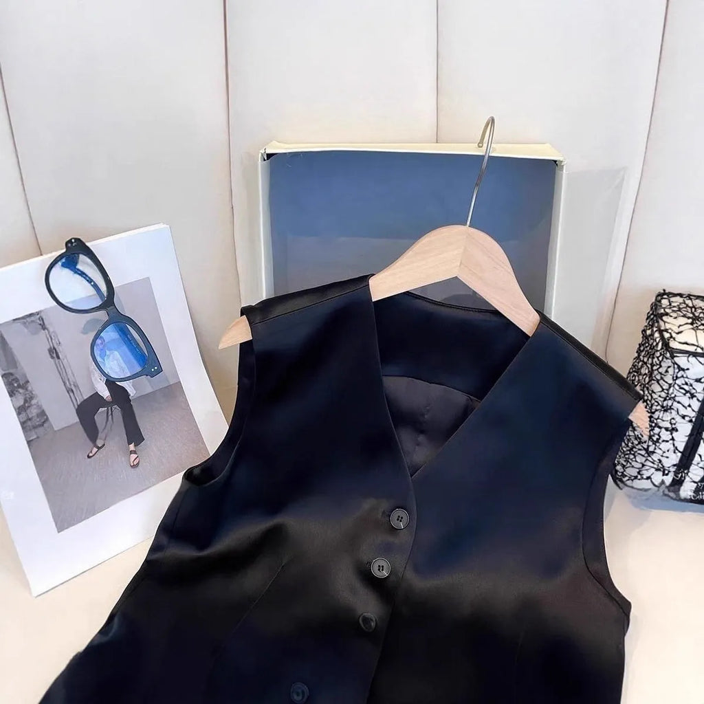 Black satin sleeveless vest for women on a hanger, showing loose fit and splicing detail.