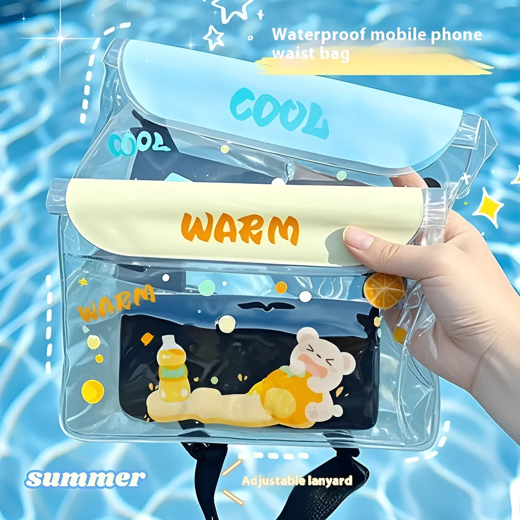 Waterproof mobile phone waist bag with adjustable strap and touch screen, free size PVC, blue kitten cool colour variant