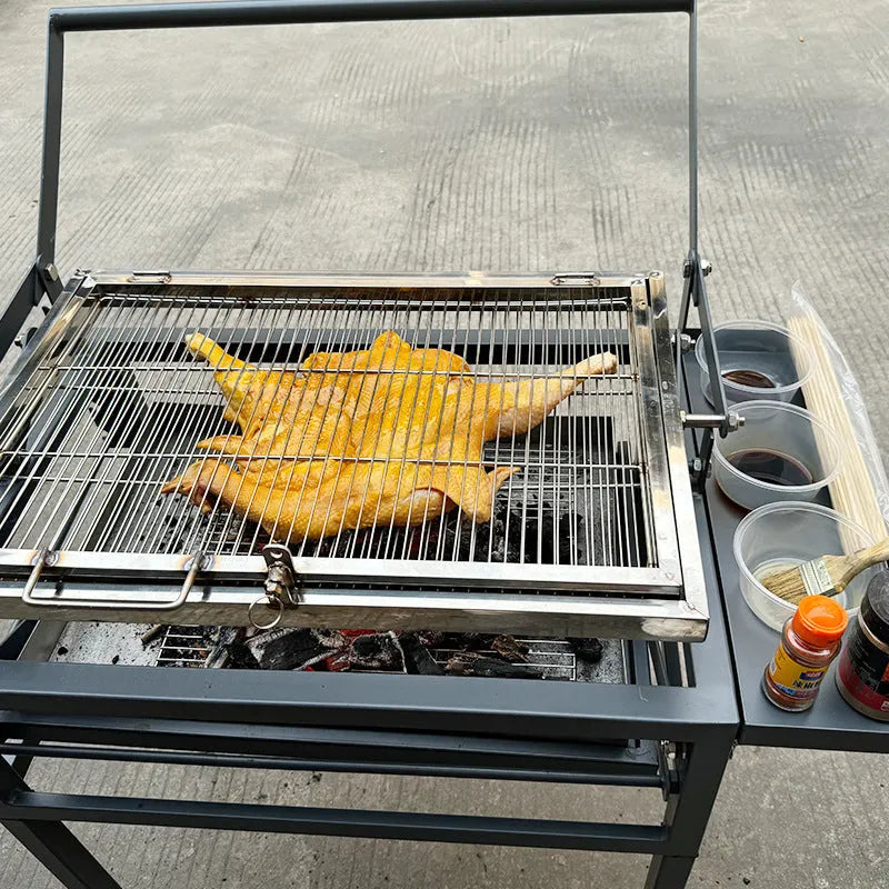 Foldable charcoal BBQ stove with detachable frame and adjustable legs for outdoor cooking.