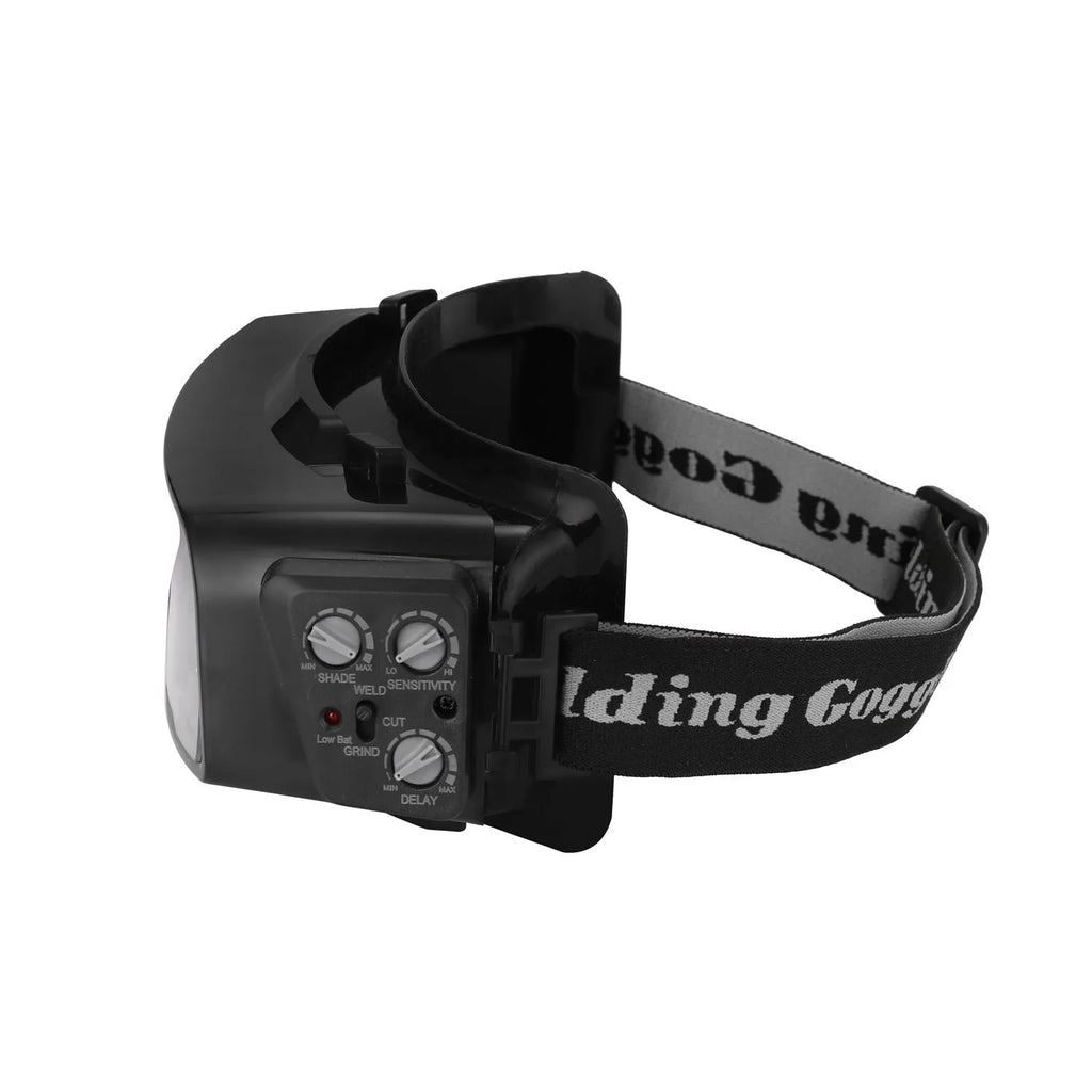 Black automatic darkening welding mask with protective headwear and a large rectangular viewing lens.