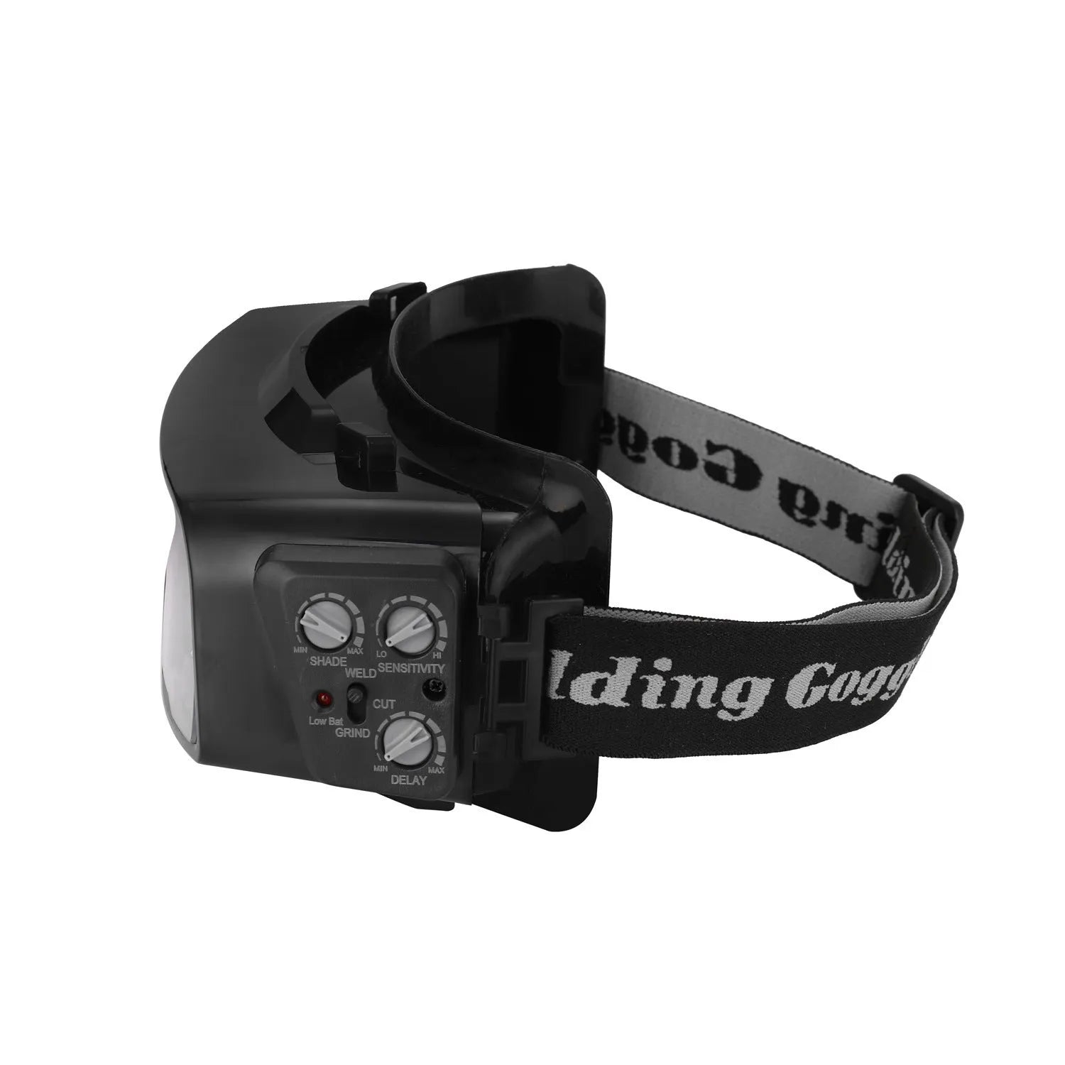 Black automatic darkening welding mask with protective headwear and a large rectangular viewing lens.