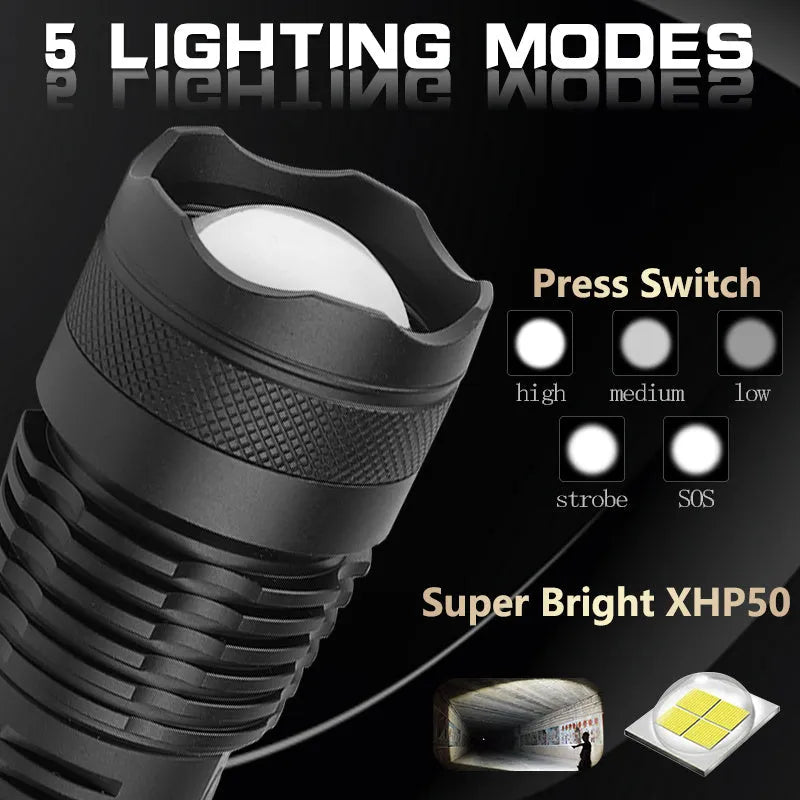 USB Charging Zoom P50 Flashlight with telescopic zoom, XHP70 LED, and aluminium shell