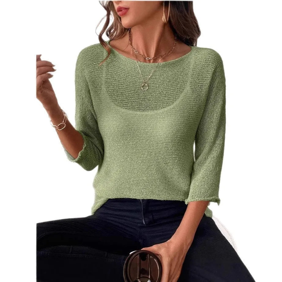 Women's thin knitted off-shoulder overall dress in light blue with 3/4 sleeves