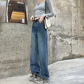 Women's high-waisted retro blue straight-leg jeans in 100% cotton denim laid flat.