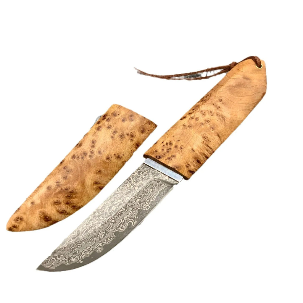 White Shadow Damascus steel camping short knife with Thuja wood handle, 18cm long.