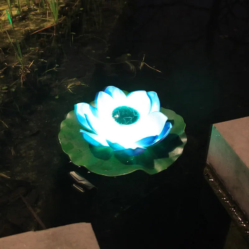 Outdoor waterproof solar lotus lamp floating on pond water with colourful LED light