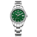Women's silver-tone fashion watch with diamond bezel, round white dial, and stainless steel strap.