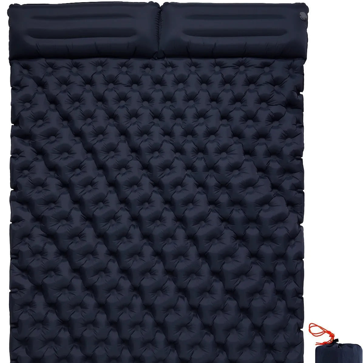 Double camping air mattress inflated, showing widened design and colour options including army green and dark blue.