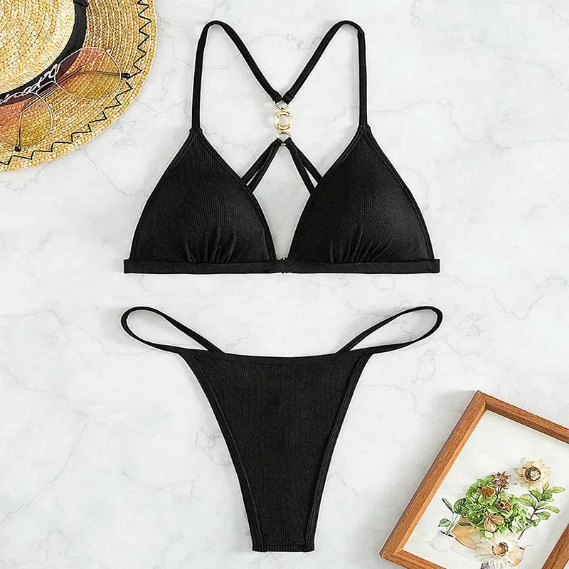 Black women's hollow backless bikini swimsuit with split triangle top and briefs