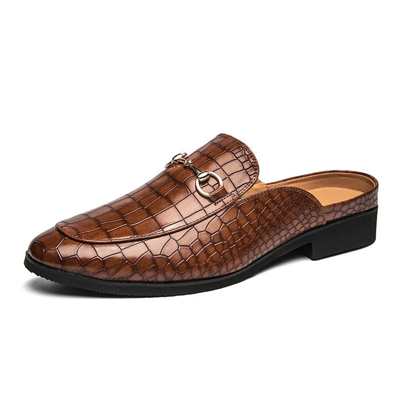 Men's lazy semi slipper shoes made of artificial PU upper in black, brown, and wine red colour options, sizes 38-48