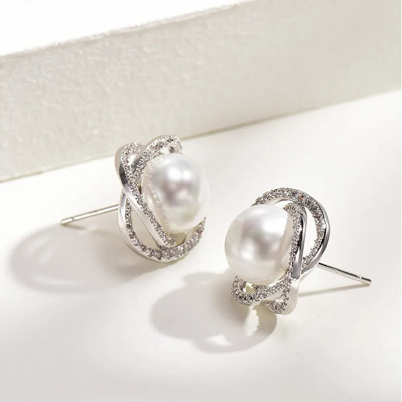 Diamond Rose Pearl Stud Earrings with Rhinestone Inlay Copper Silver Needle Geometric Korean Style White Gold