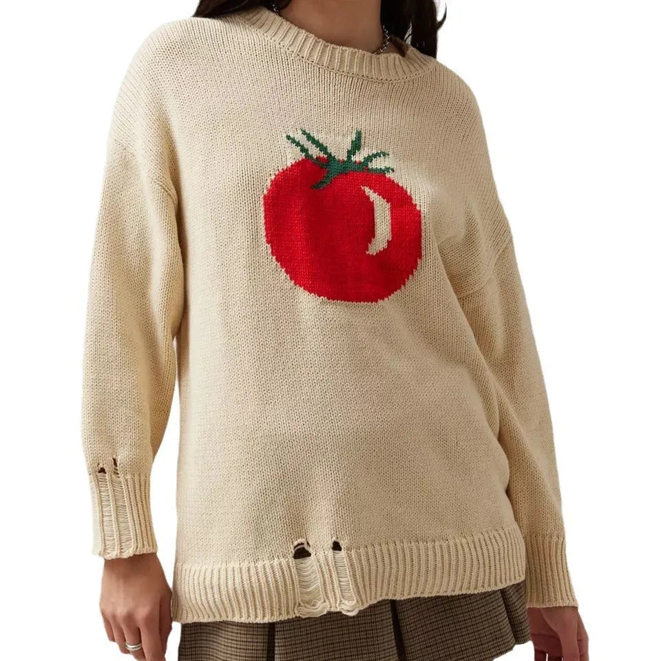 Women's loose-fitting milky white acrylic sweater with jacquard pattern and round neck.