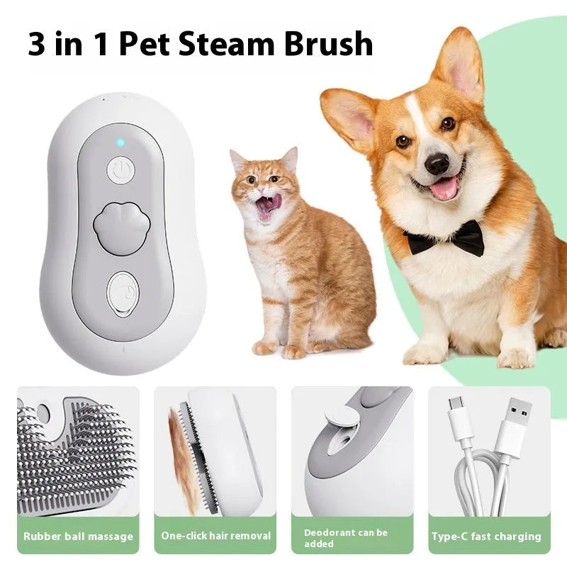 Battery-operated pet massage comb for cats in grey, blue, orange, or beige yellow colours with grooming bristles