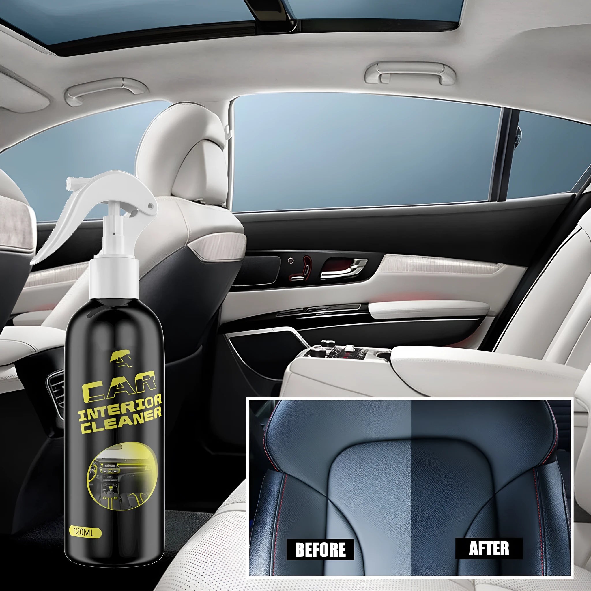 120ml bottle of car interior renovation cleaner for leather, plastic, and dashboard surfaces.