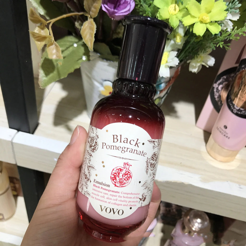 Six pomegranate skin care products including cleanser, water, milk, essence, cream, and eye cream