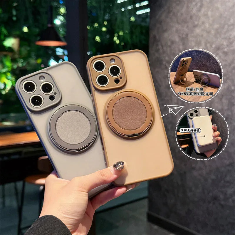 Black frosted phone case for iPhone 17 with a rotating kickstand extended and visible magnetic ring on the back.