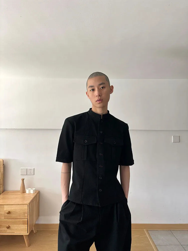 Handmade black half sleeve men's shirt with a shirt collar and loose fit for casual hunting wear.