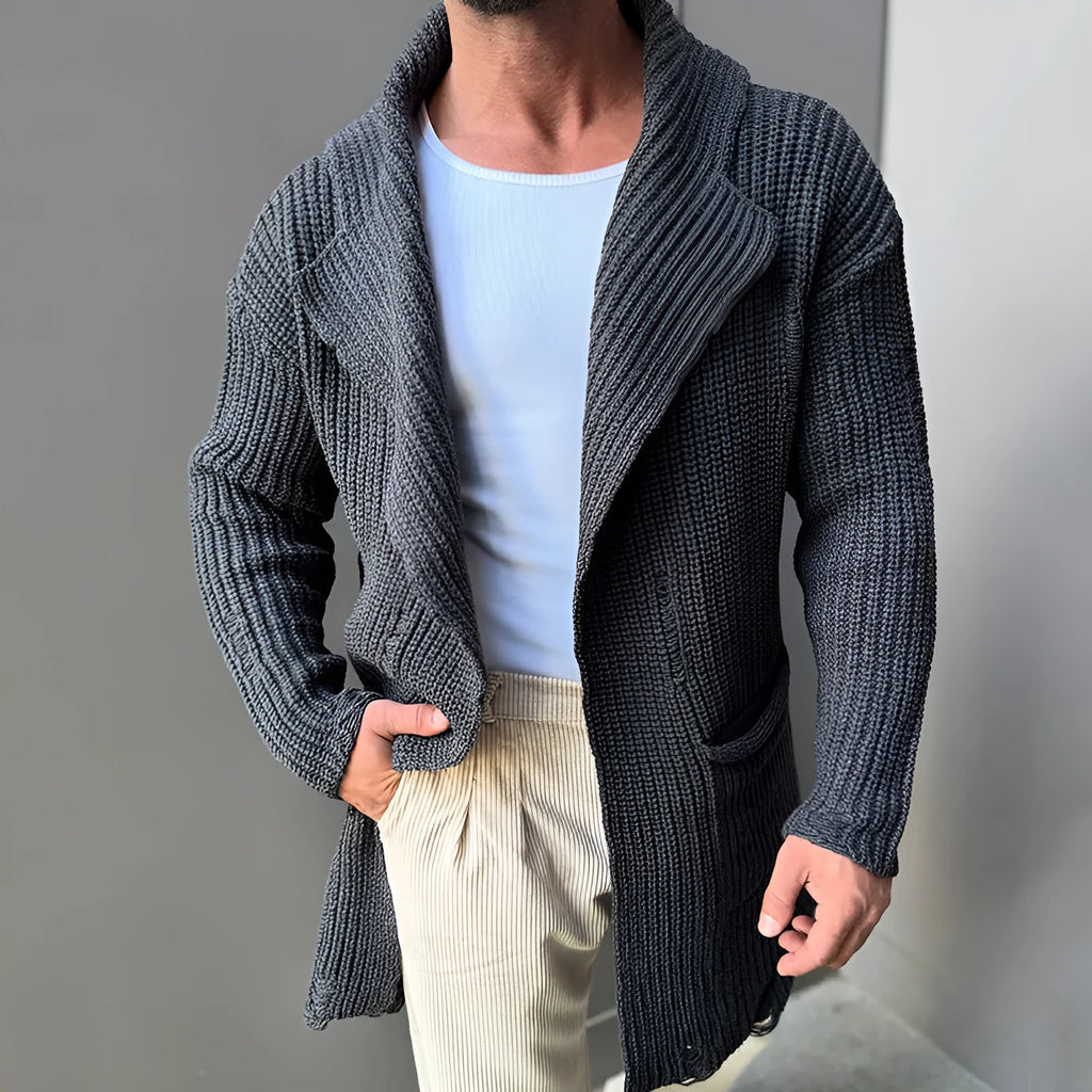 Long sleeve slim fit mid-length knitted cardigan in acrylic fibre, shown in black, dark blue, army green and grey, sizes S to XXL.