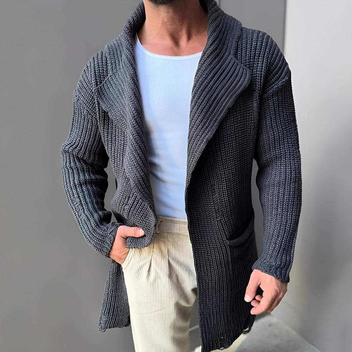 Long sleeve slim fit mid-length knitted cardigan in acrylic fibre, shown in black, dark blue, army green and grey, sizes S to XXL.