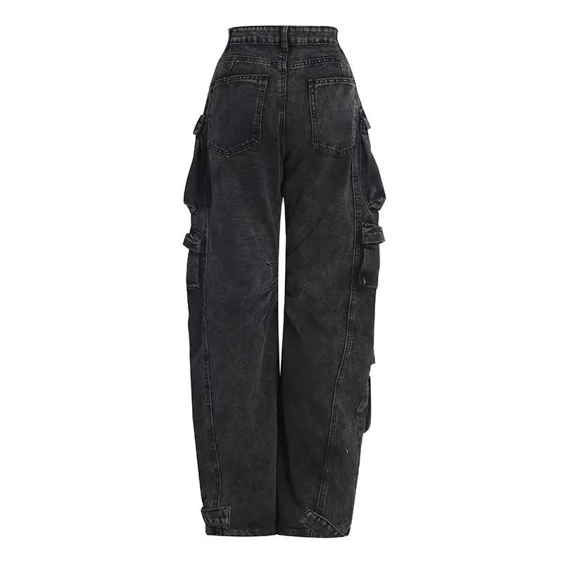 Women's tie-dyed wide leg high waist trousers with multiple pockets in street hipster style