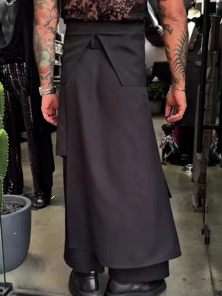 Men's casual strappy solid colour wide-leg ankle-length polyester pants in black