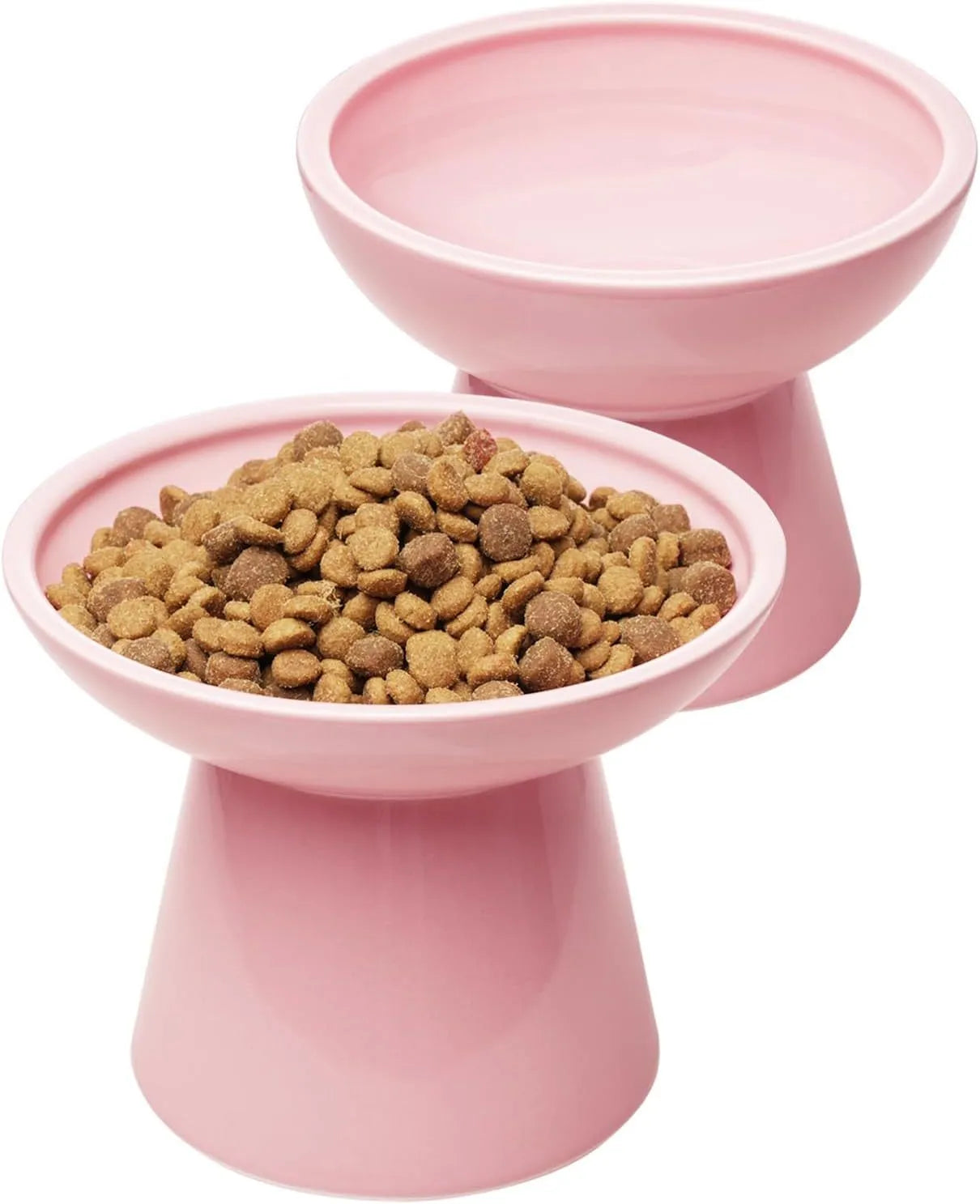 Wide shallow ceramic elevated cat food bowl in blue colour showing dimensions