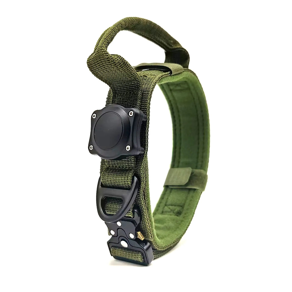 Tactical waterproof dog collar in khaki colour with a metal positioning ring and buckle.