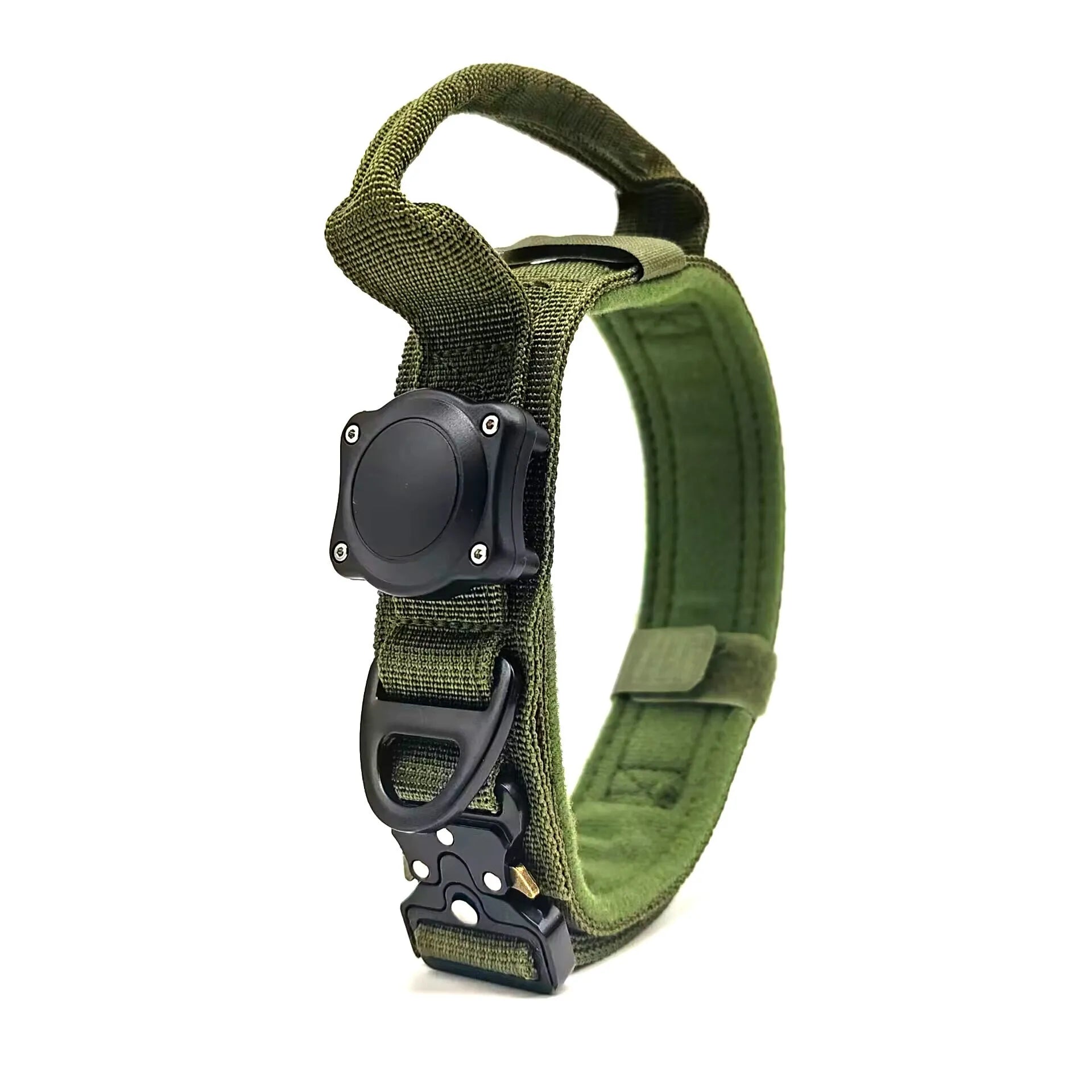 Tactical waterproof dog collar in khaki colour with a metal positioning ring and buckle.