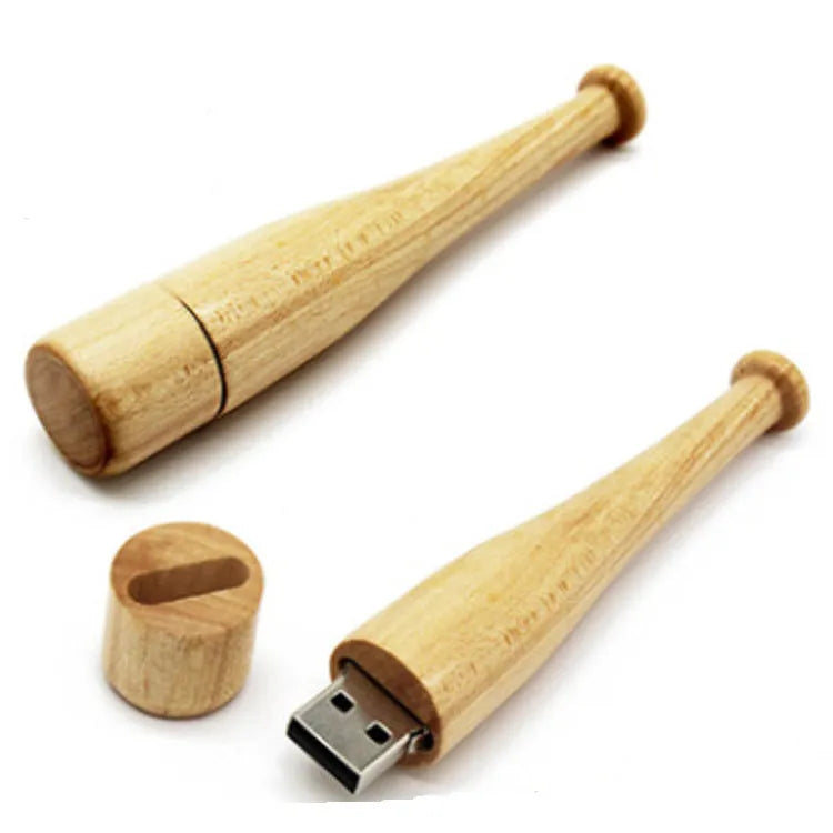 Baseball bat shaped USB flash drive with a natural wood shell on a plain background