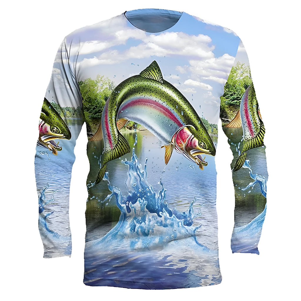Man wearing a grey long-sleeve pullover top with a colourful fish print on the front.