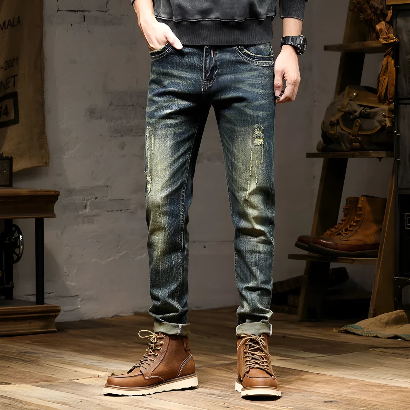 Men's slim-fit retro colour jeans with a zip fly, laid flat to show the skinny pant style.