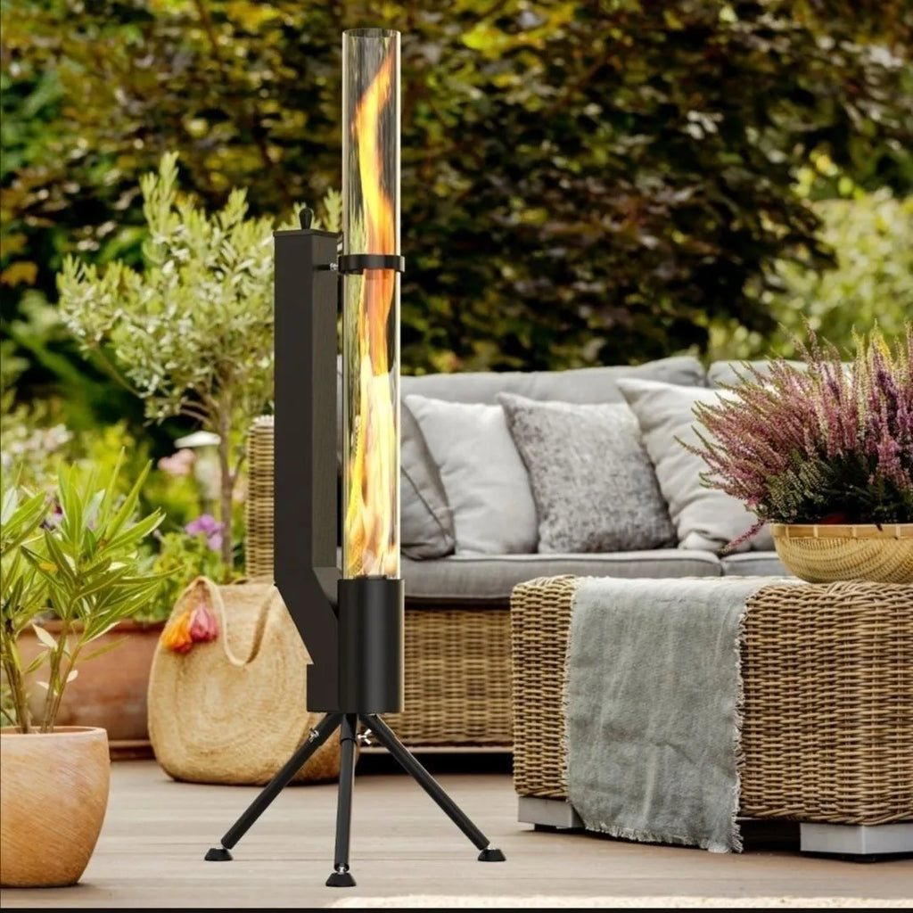 Vertical iron rocket furnace wood burning heating stove for outdoor courtyard use.