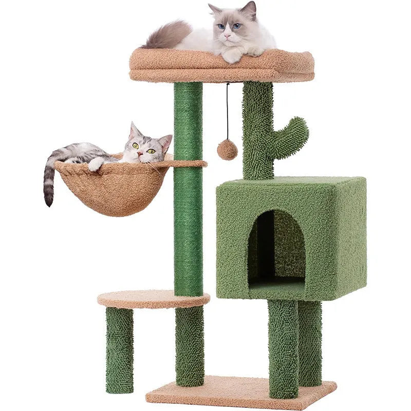 Green wooden cat climbing frame with jumping platform measuring 43x33x87cm