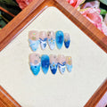 Blue hand-painted carved summer ice transparent plastic fake nails set with decorative surface detailing