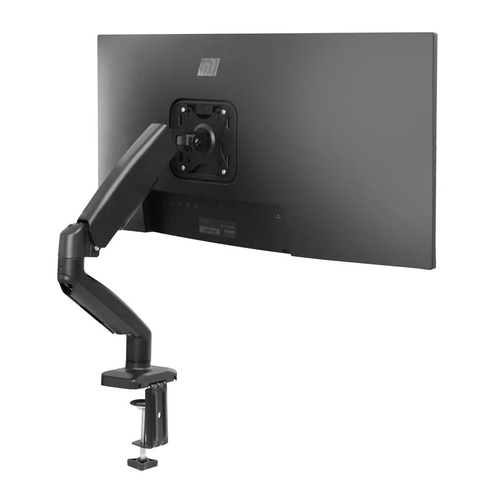 Black LCD screen rotating telescopic bracket elevated on desk with adjustable height and angle