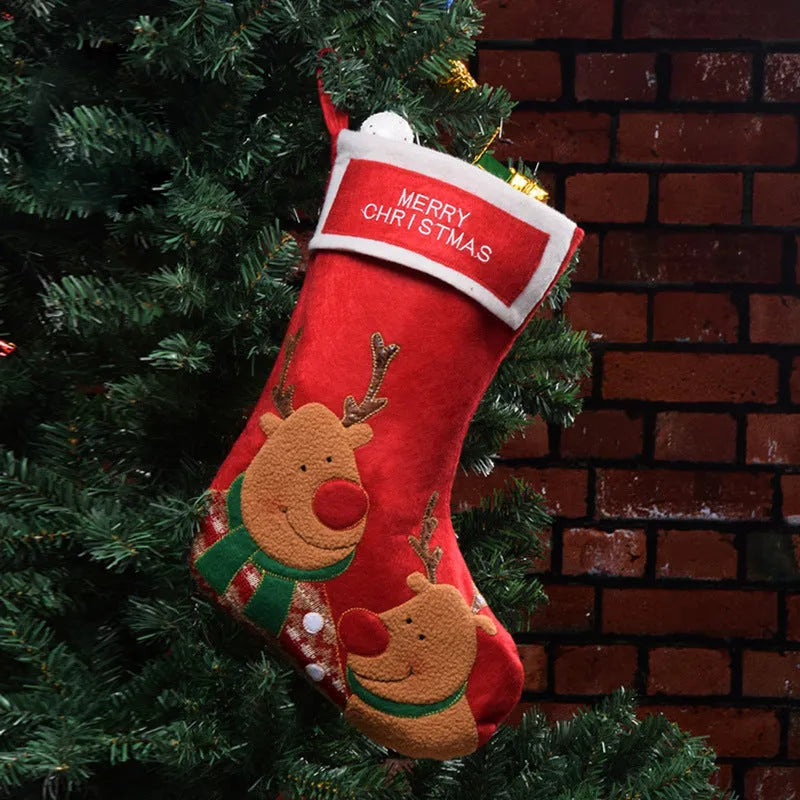 American-style non-woven fabric Christmas stocking decoration in Elk, Old Man, or Snowman design.