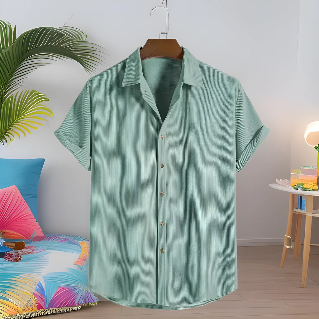 Men's casual short-sleeved polyester cardigan shirt shown in multiple colours and sizes.
