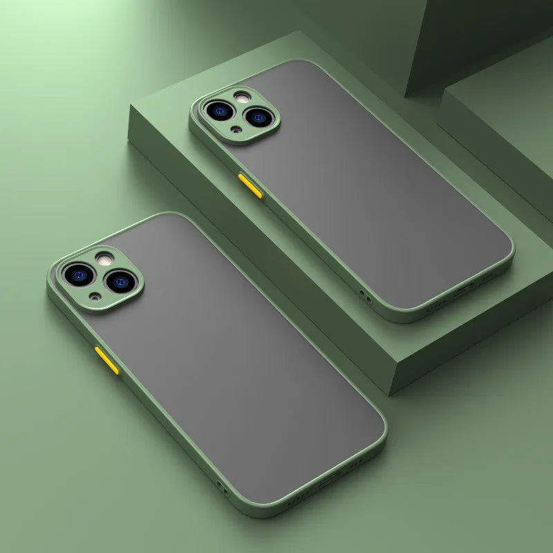 Frosted hard iPhone case with fine hole pattern and full camera lens cover in dark night green.