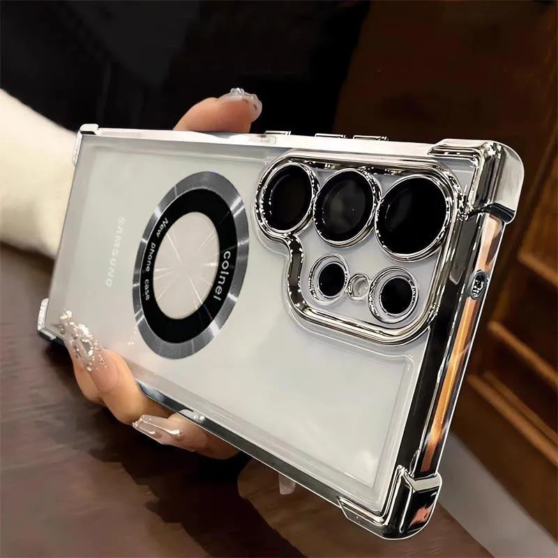 Hard TPU acrylic PC phone case with magnetic suction and electroplating finish for Samsung S23 Ultra, transparent back, colour Black
