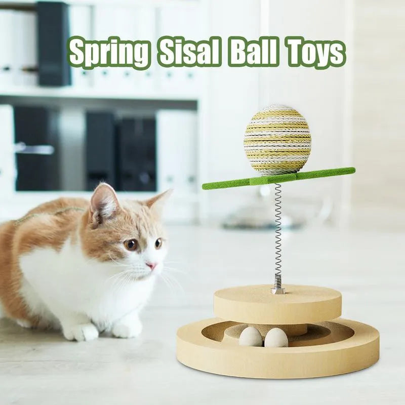 Green sisal cat toy with multi-layer rotating ball track and spring ball for indoor feline play