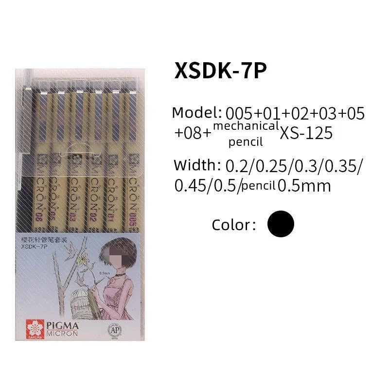 Pack of 7 Sakura Pigma Micron needle point pens with assorted nib sizes from 0.2mm to 0.5mm including pencil style