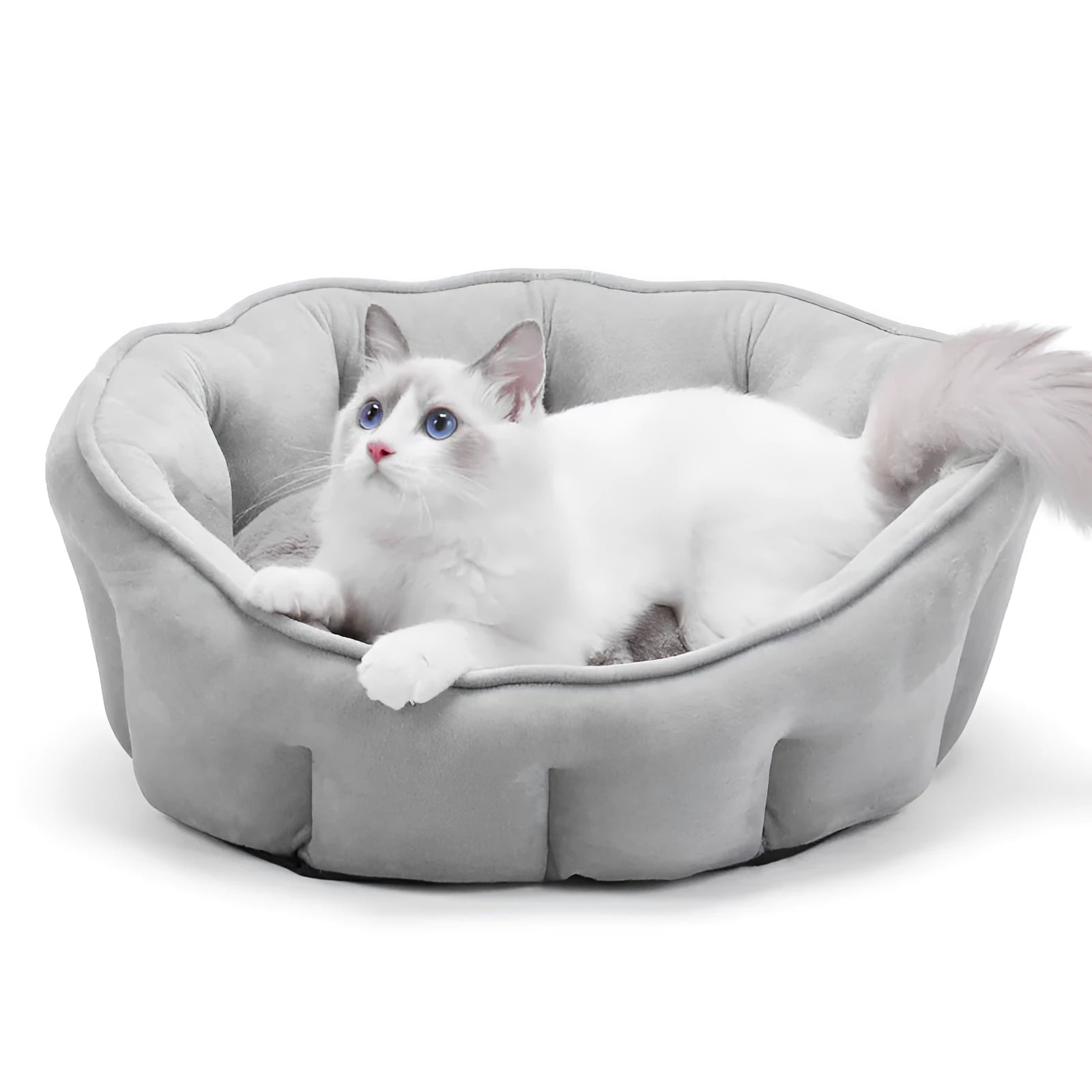 Grey plush cat kennel mat with an integrated hammock, measuring 46cm wide.