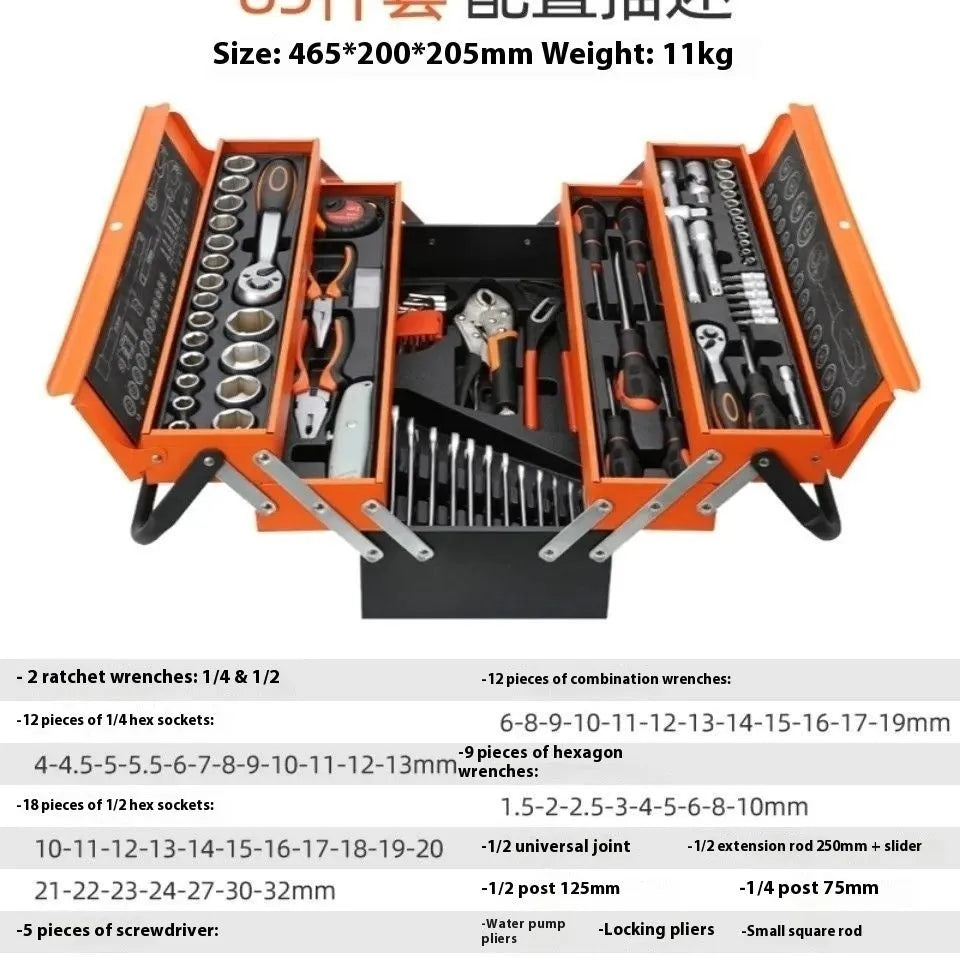 85-piece auto repair kit in large three-layer toolbox with connecting rod on workbench