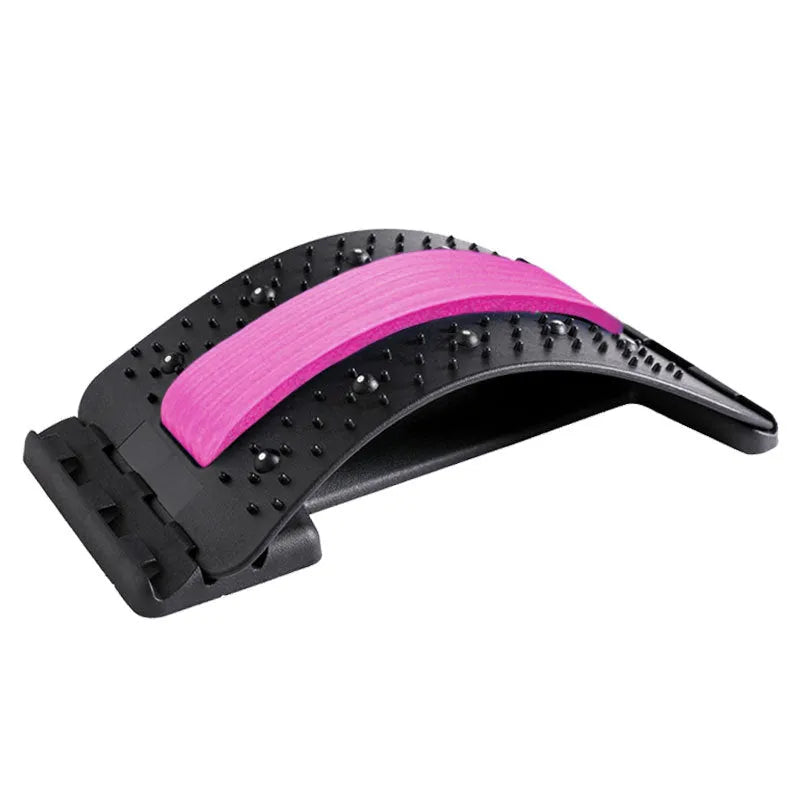 Adjustable back massager stretcher with magnetic therapy points on a black and purple background.