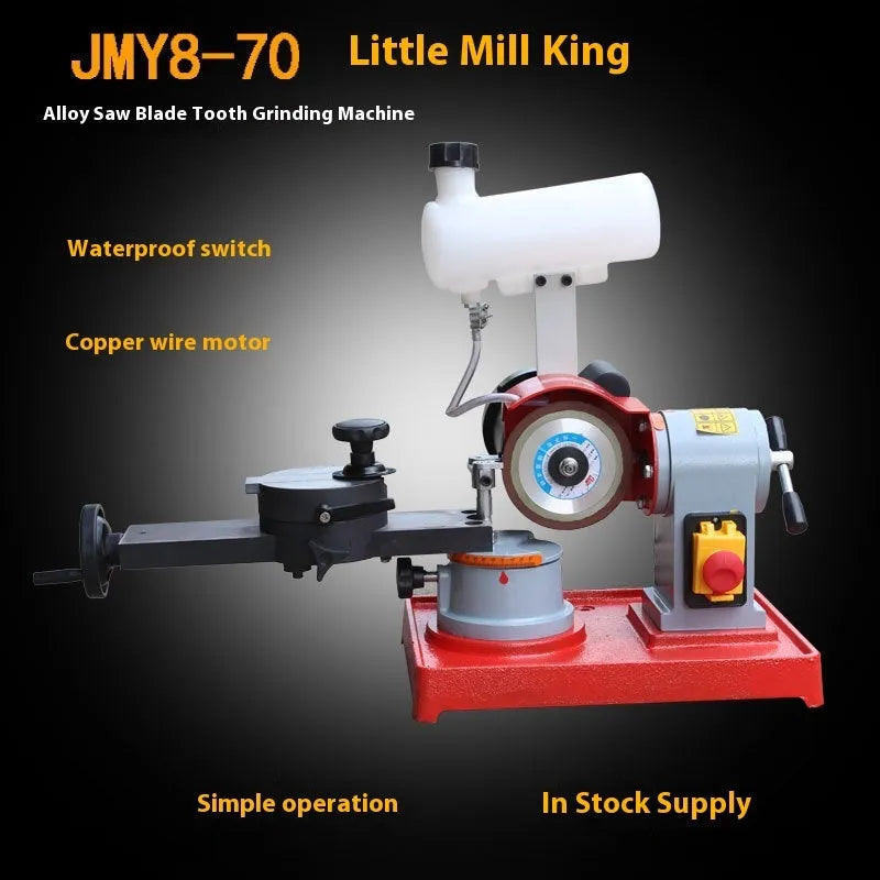 Xiao Mo Wang manual sharpedge grinding machine for alloy circular saw blades on a workbench.