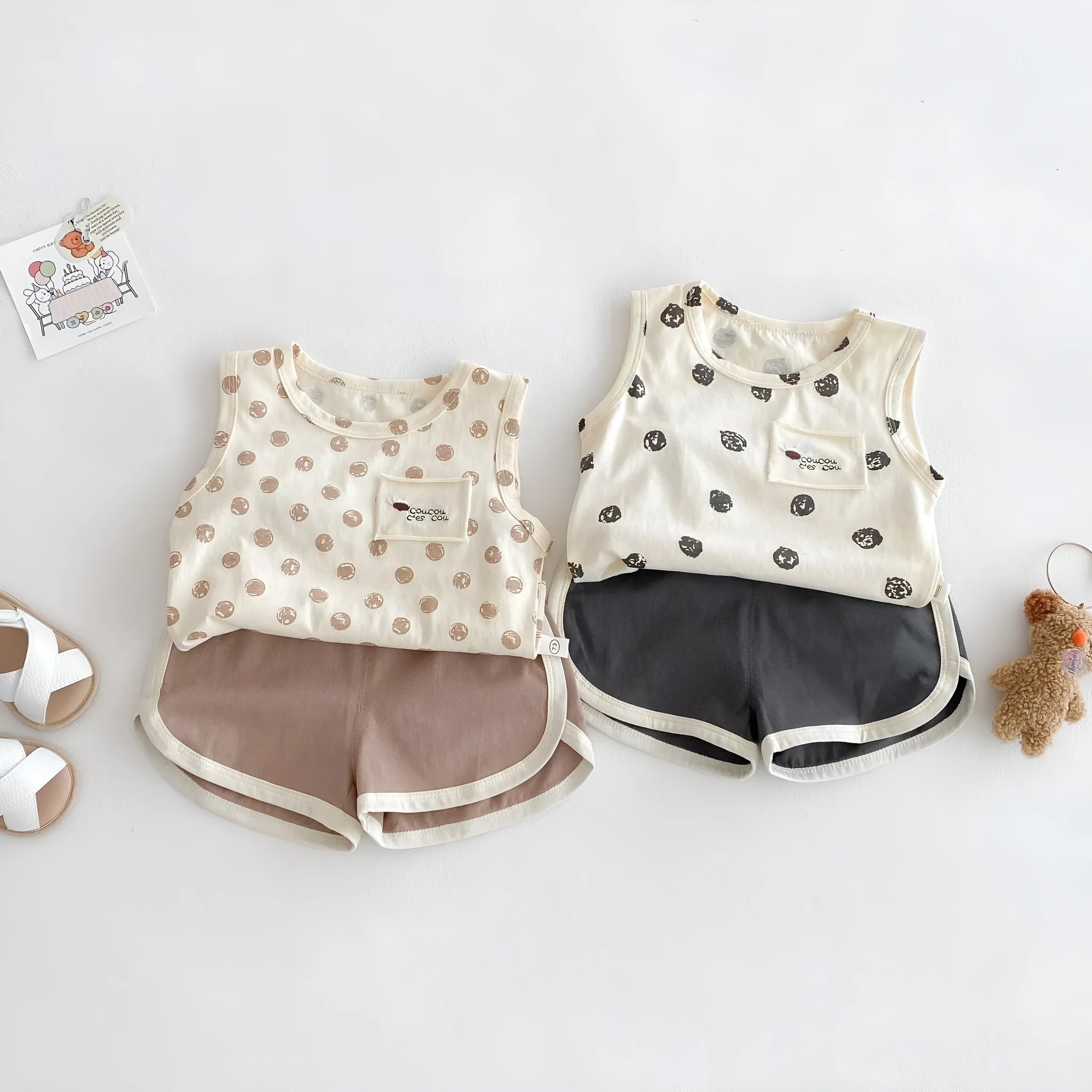 Cotton camisole and shorts two-piece set in brown and dark gray for children 73-120 cm tall