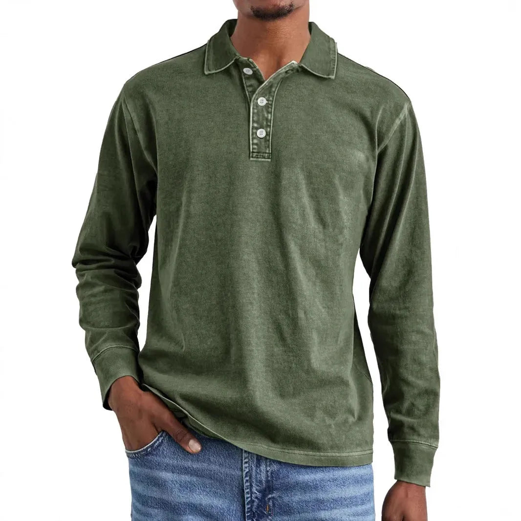Retro washed long sleeve polo shirt in Army Green on a hanger.