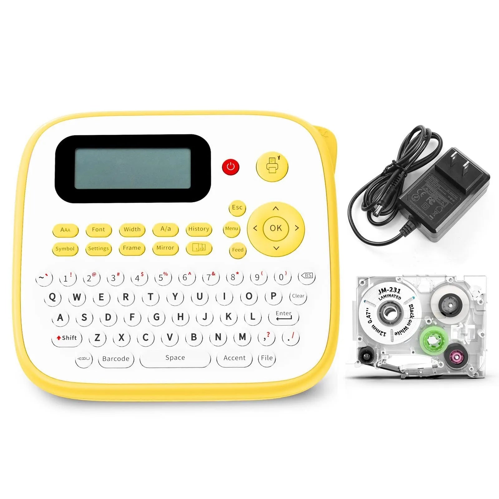 Mini portable ink-free Bluetooth label printer in pink with label tape roll, UK AC adapter, and user manual on a desk