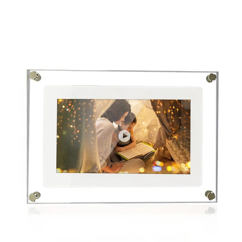 White vertical digital picture frame with 5-inch screen showing family photos
